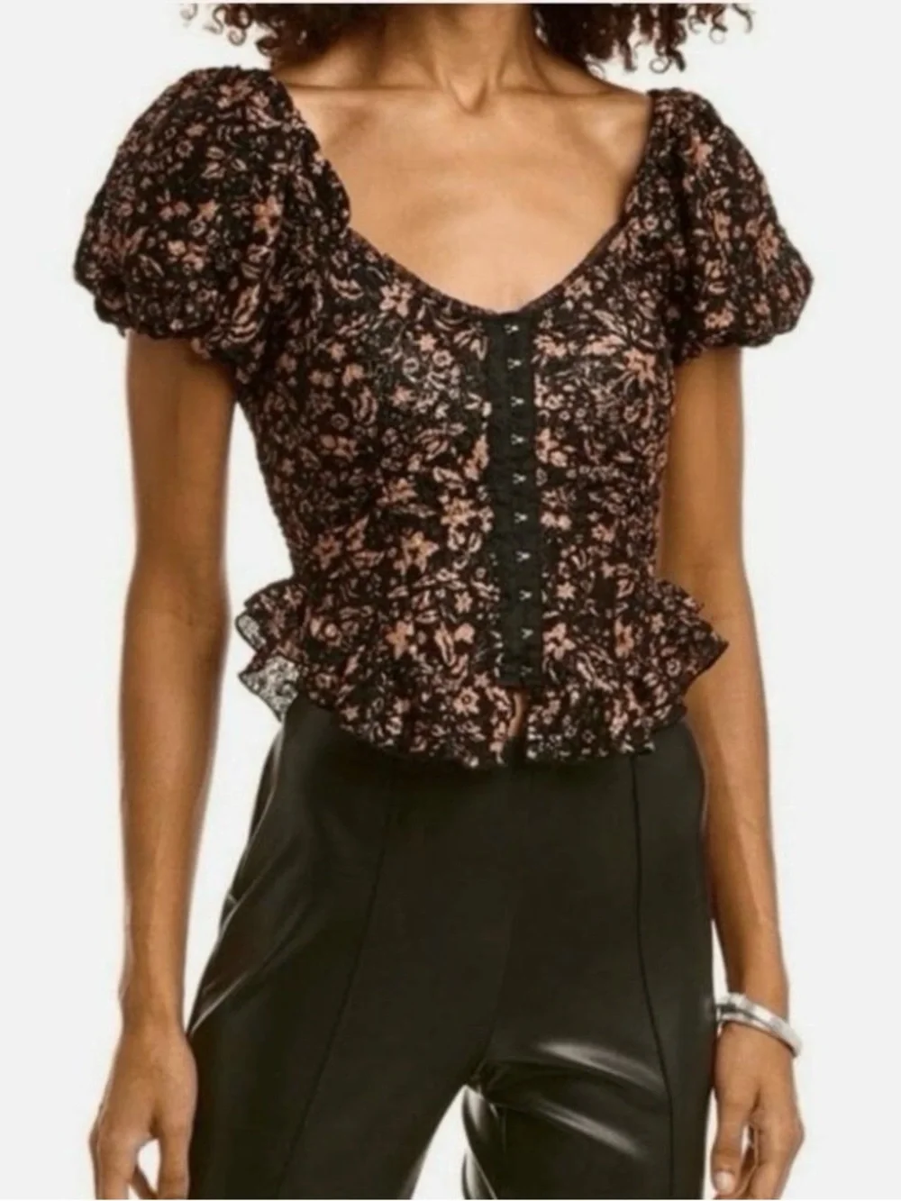 Free People Black Puff Sleeve Floral Lace-Trim Blouse oh baby corset medium